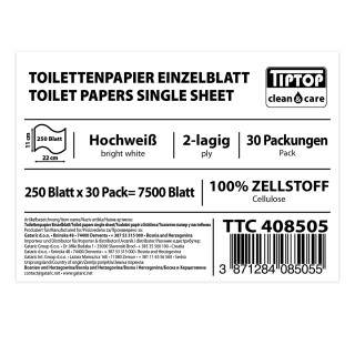 Toaletni papir u listićima, 2-slojni, V preklop 22x11cm, 30x250 listova 