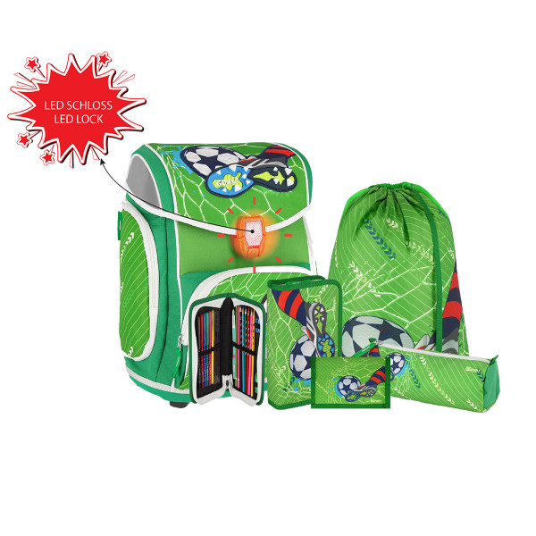 School bag set ''FOOTBALL GREEN'' MAXX 5-Pcs (LED buckle) 