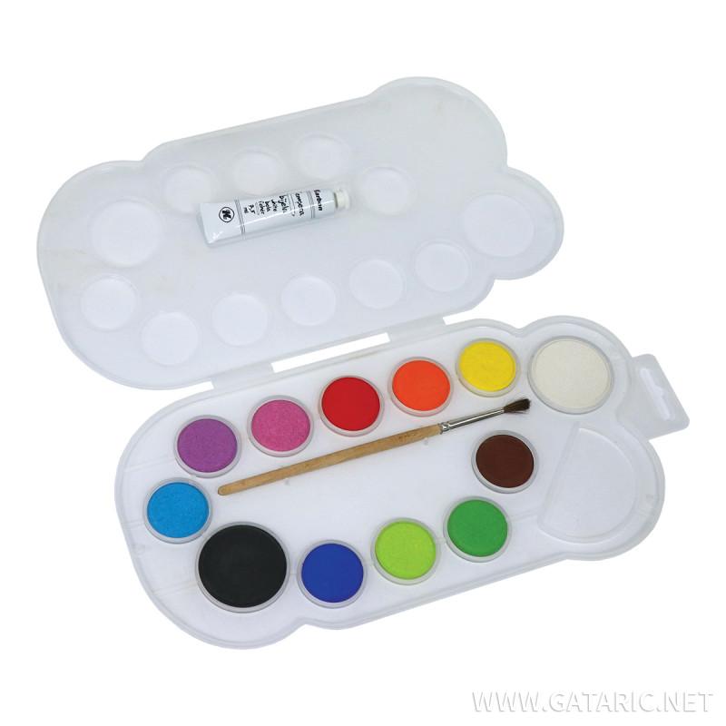 Water colors, 12/1 + brush and tempera paint
