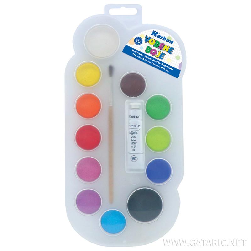 Water colors, 12/1 + brush and tempera paint