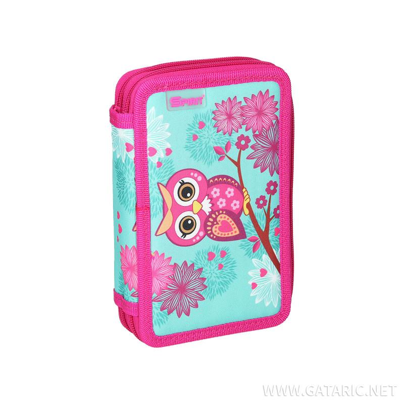 Pencil Case, 2-Zipper, 28 Parts, Owl Turquoise