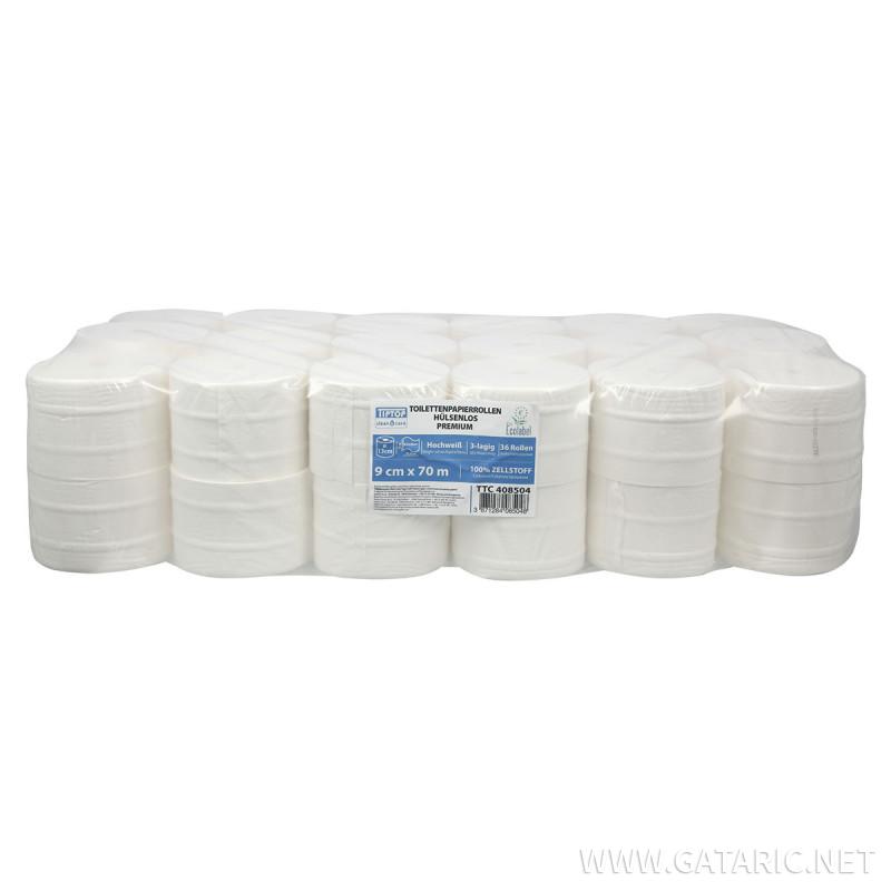 Toilet paper in rolls without inner core 70m